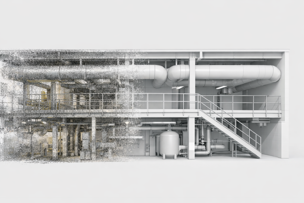 Scan to BIM services in Canberra showing laser scan data converted into a BIM model